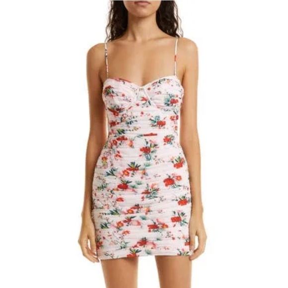 new! SAU LEECherry Floral Ruched Chiffon Minidress - coffeafoods.com